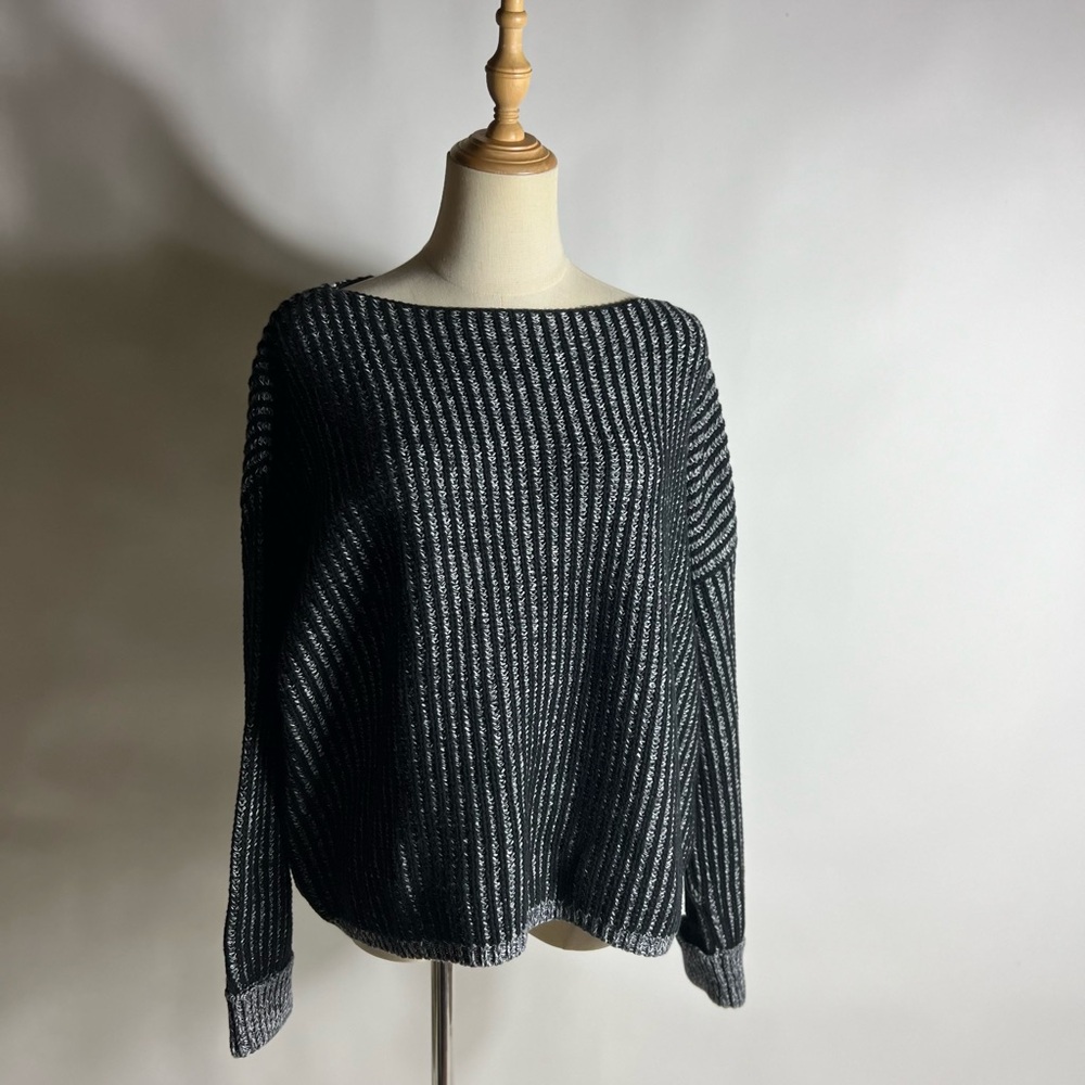 NWT FRENCH CONNECTION Boatneck Slouchy Cotton Black Gray Ribbed Crewneck Sweater